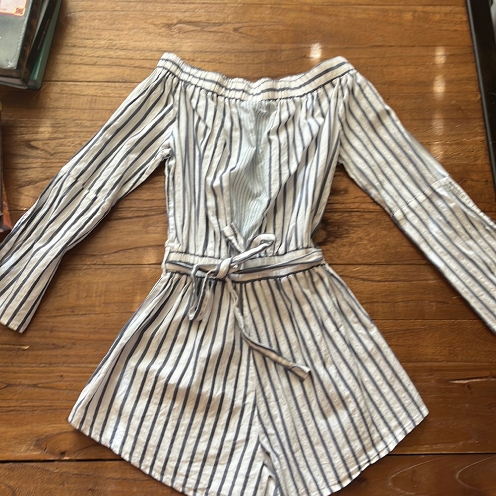 blue and white striped romper